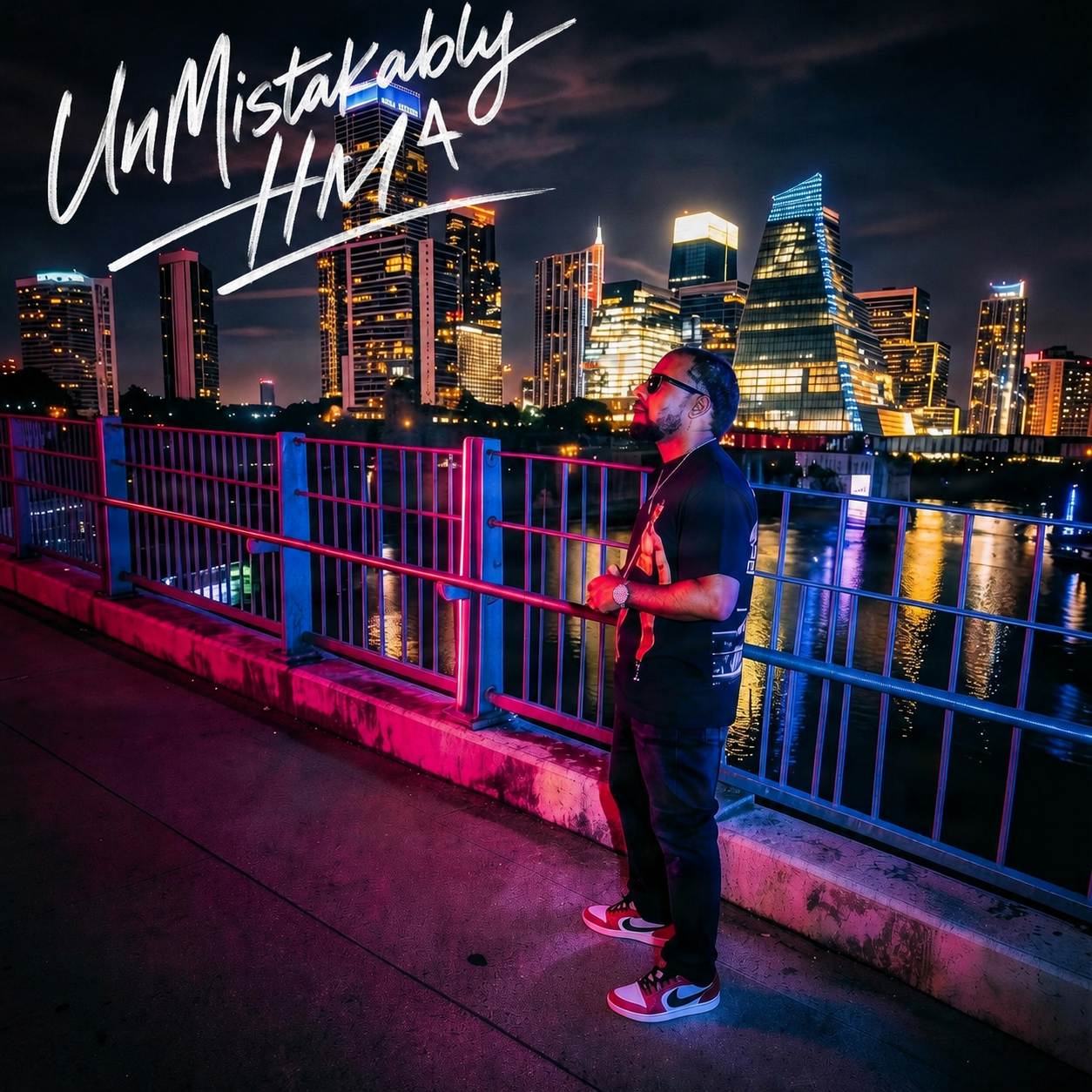 UnMistakably HIM album cover featuring Dirraj against a neon city skyline